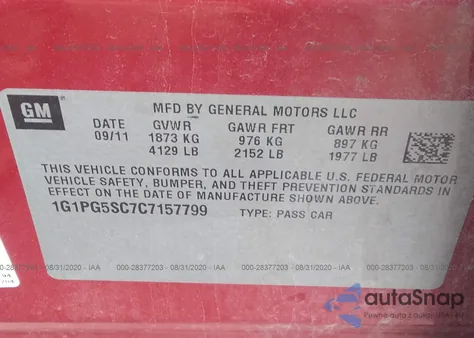 2012 Chevrolet Cruze Lt W/2Lt z USA, uszkodzony, nr VIN 1G1PG5SC7C7157799